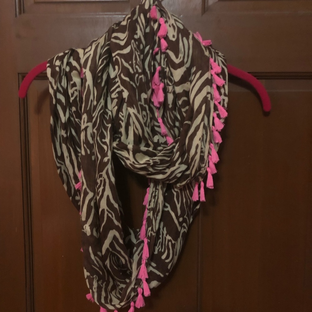 Infinity scarf with pink fringe. EUC